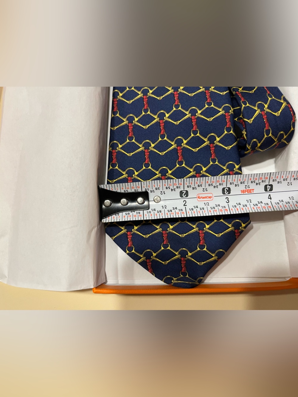 Hermes Navy Silk Tie with Gold & Red Bit Chain Pattern with box